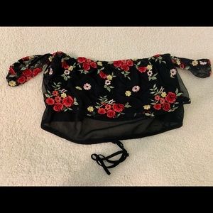 Mesh Crop Top With Floral Embroidering